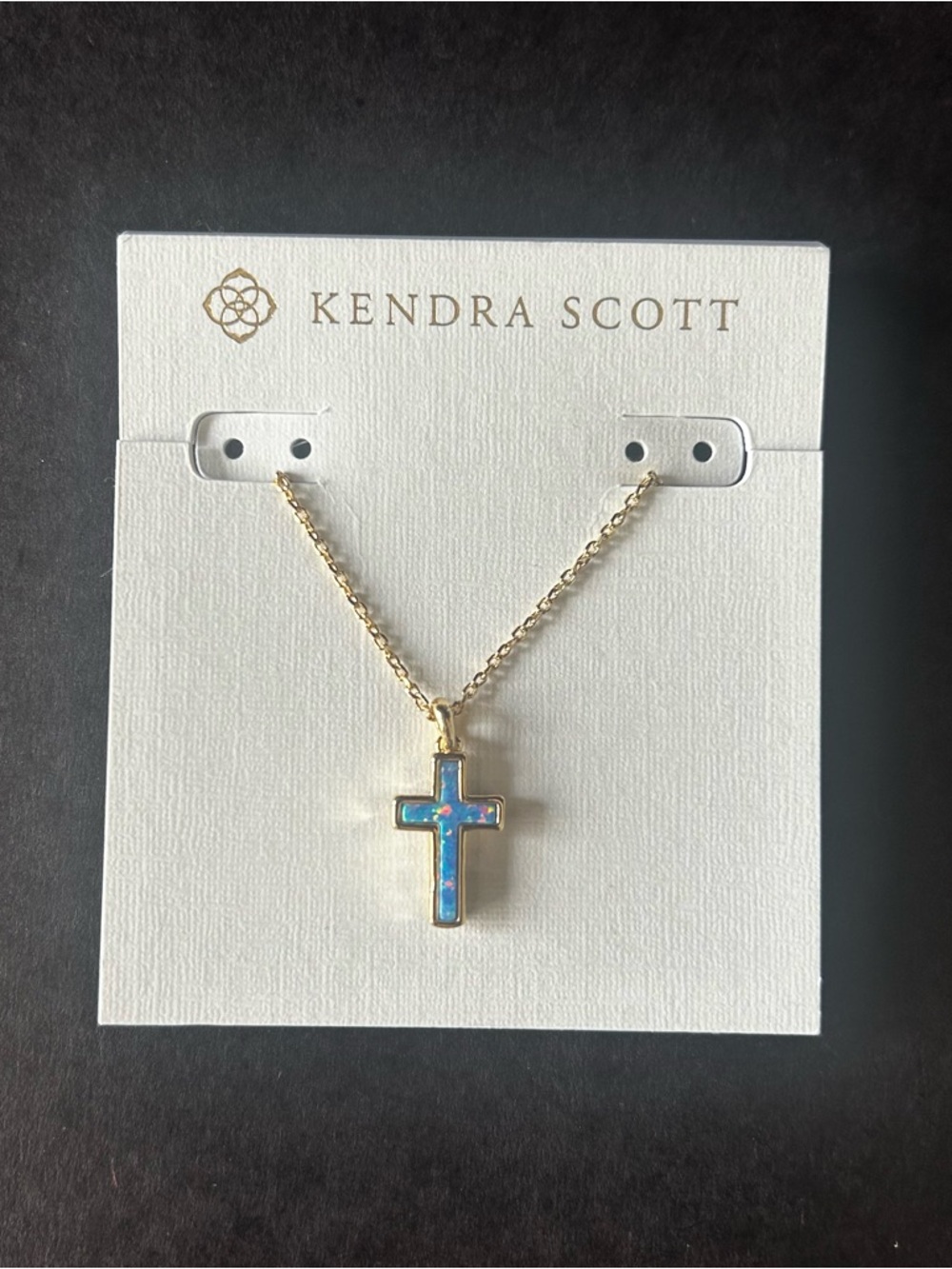 NWT- Kendra Scott Gold Cross Pendant Necklace in Blue Opal